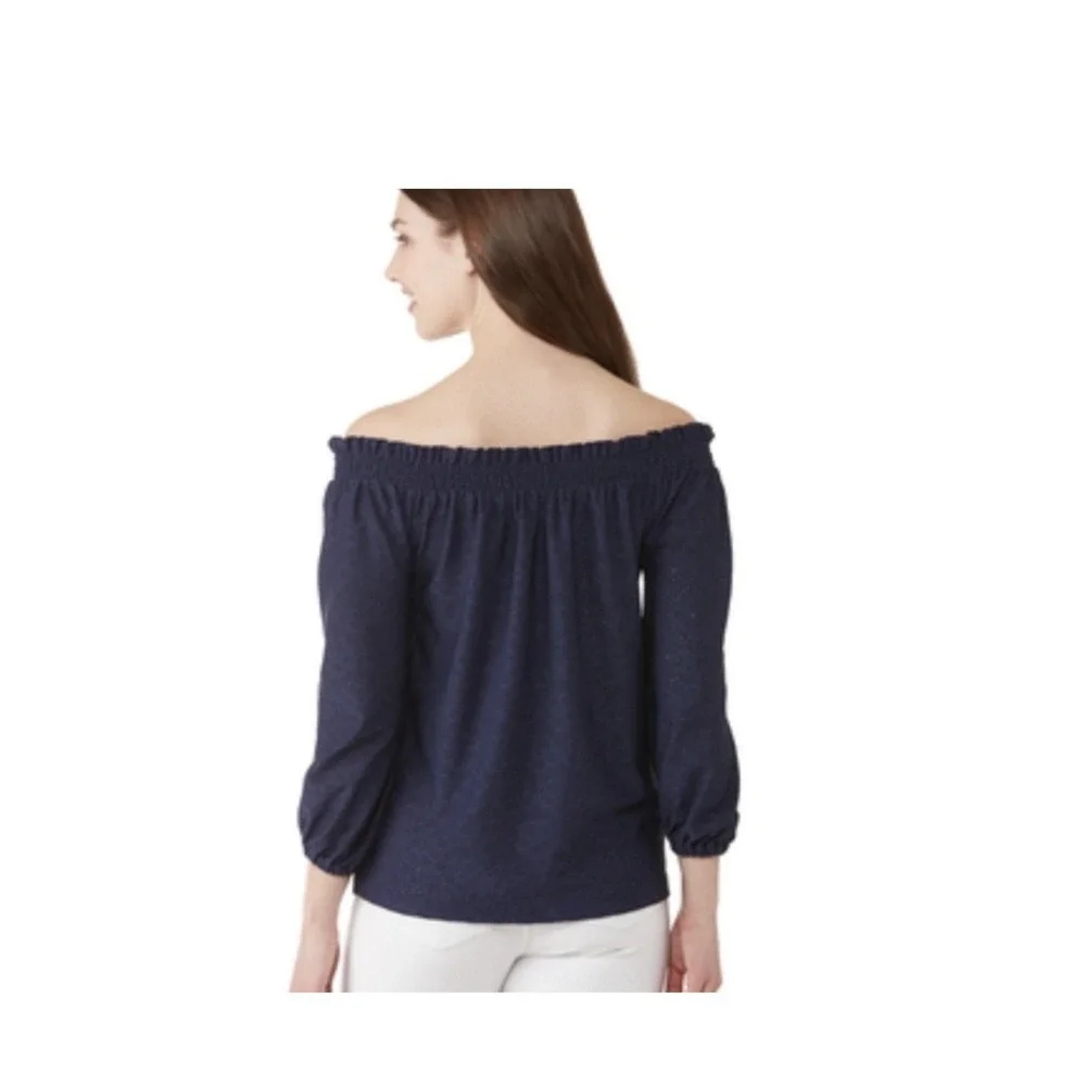 Michael Kors Off Shoulder Eyelet Smocked Navy Peasant Blouse Women's Small